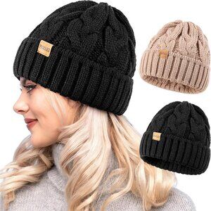 Women's Black Khaki 2 Packs Stylish Winter Warm Knitted Beanie Skull Hat Cap